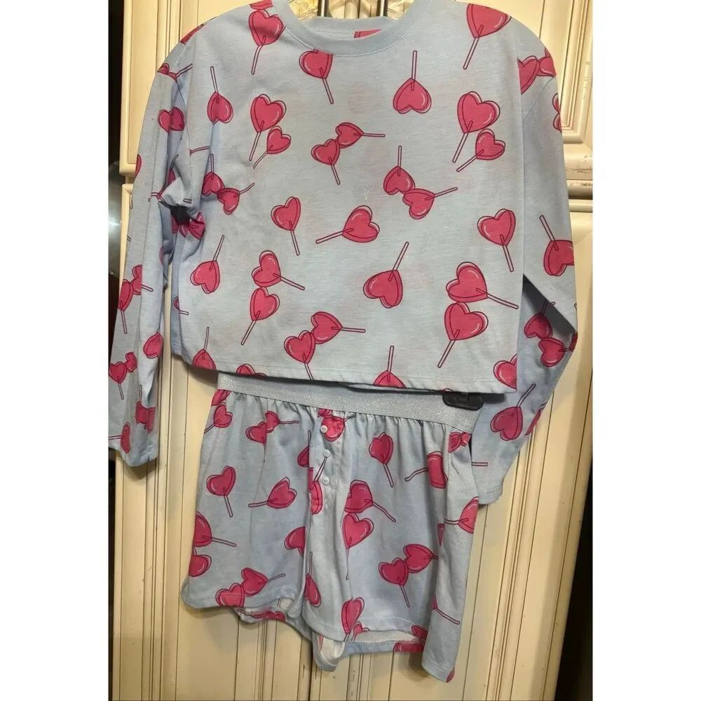GAP Girl's Soft Jersey Pajama Top And Shorts Sleep Set Blue Pink Size 12-13
